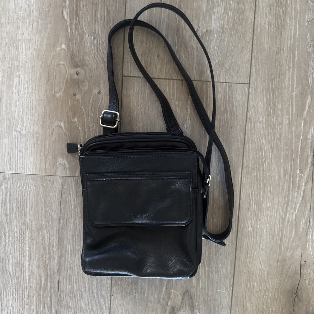 Fossil Vintage Y2k Cross Body Purse Bag Black Leather Chunky Pockets Square‎